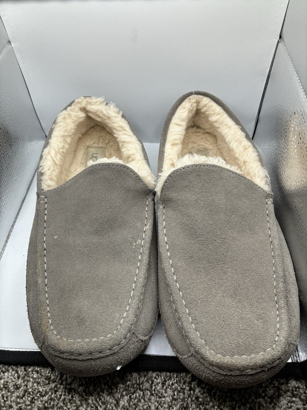 UGG Ascot Mens 13 EEE Wide Gray Suede Moccasin Slippers Wool Lined 1101110